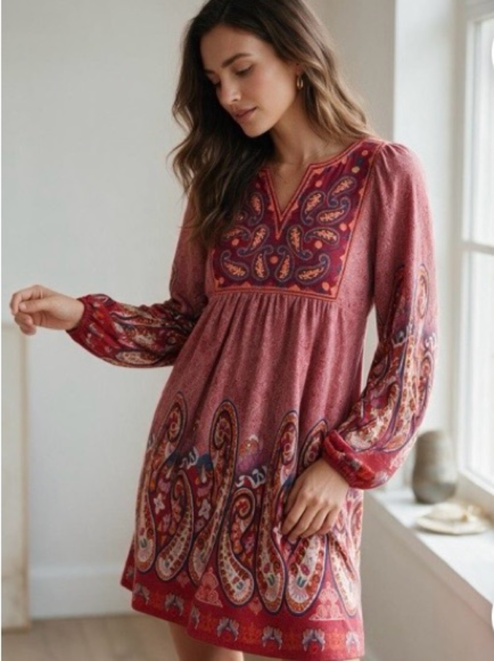 Boho Paisley Long-Sleeve Mini Dress in Dusty red